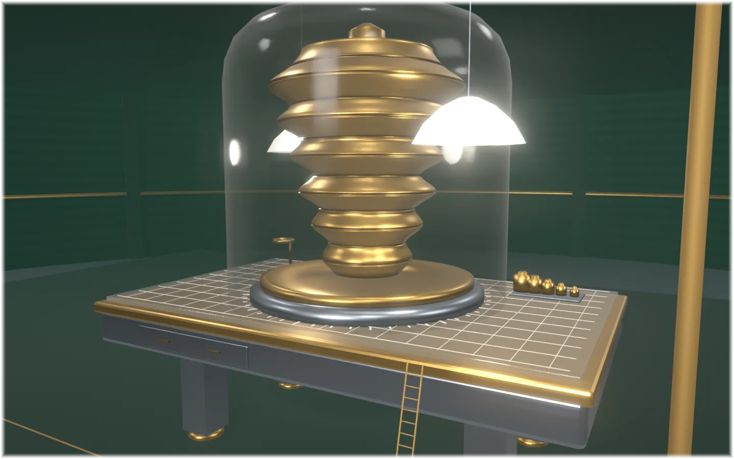 A brass price curve turned as a solid of revolution under a glass bell jar, on a machined table with an etched grid, assay weights and a loupe, in a felt-green room with pendant lamps.