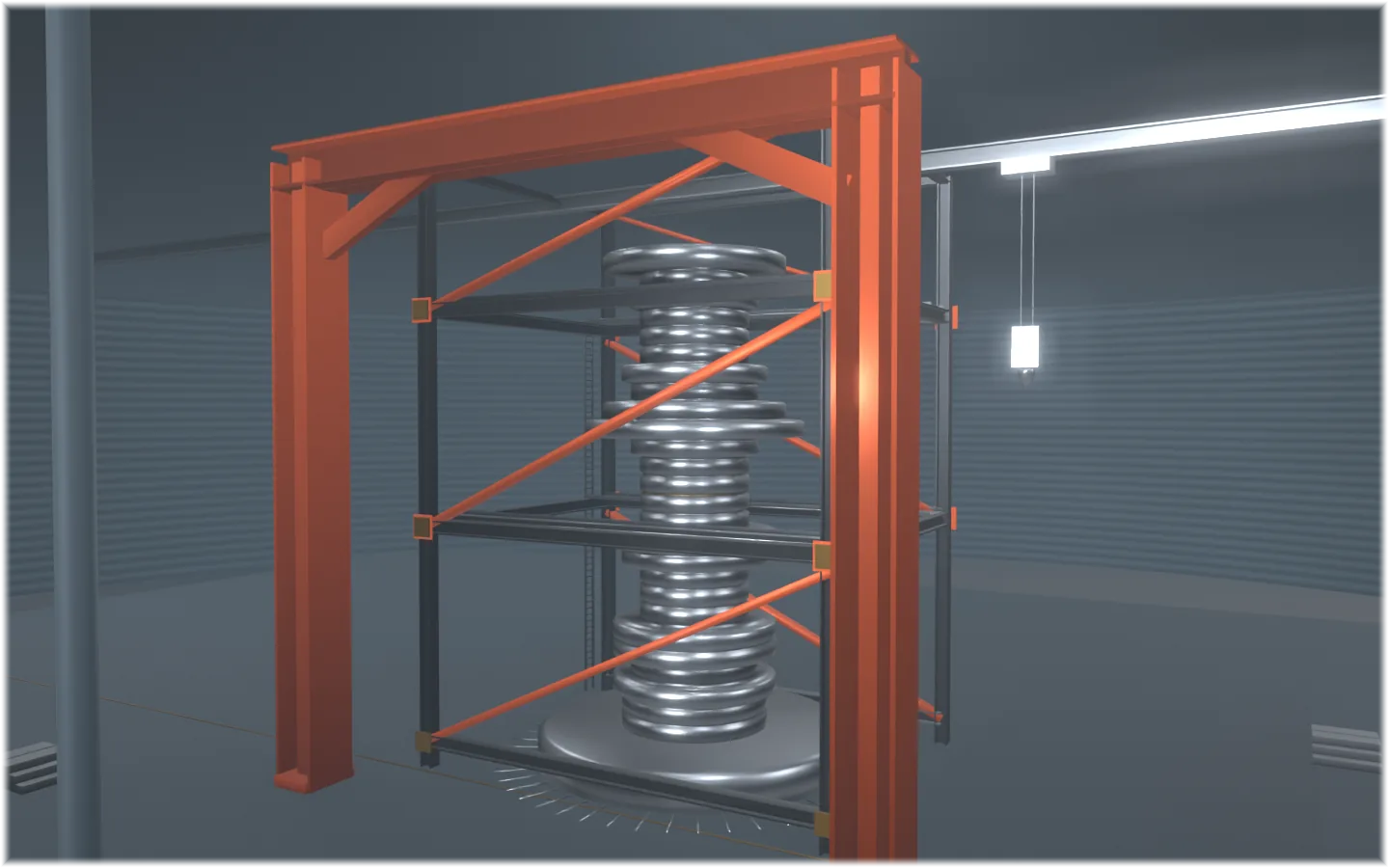 A stepped contribution column, one plate per commit bin, inside a steel scaffold with plank decks, framed by an oxide-painted portal and channel braces, with a crane rail overhead.