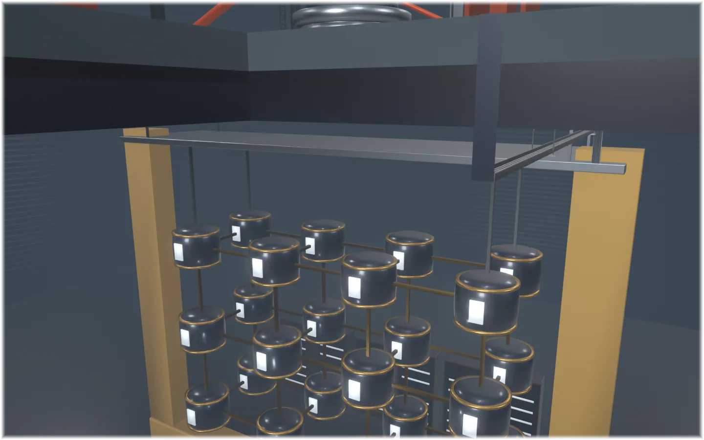 A stepped contribution column, one plate per commit bin, inside a steel scaffold with plank decks, framed by an oxide-painted portal and channel braces, with a crane rail overhead.