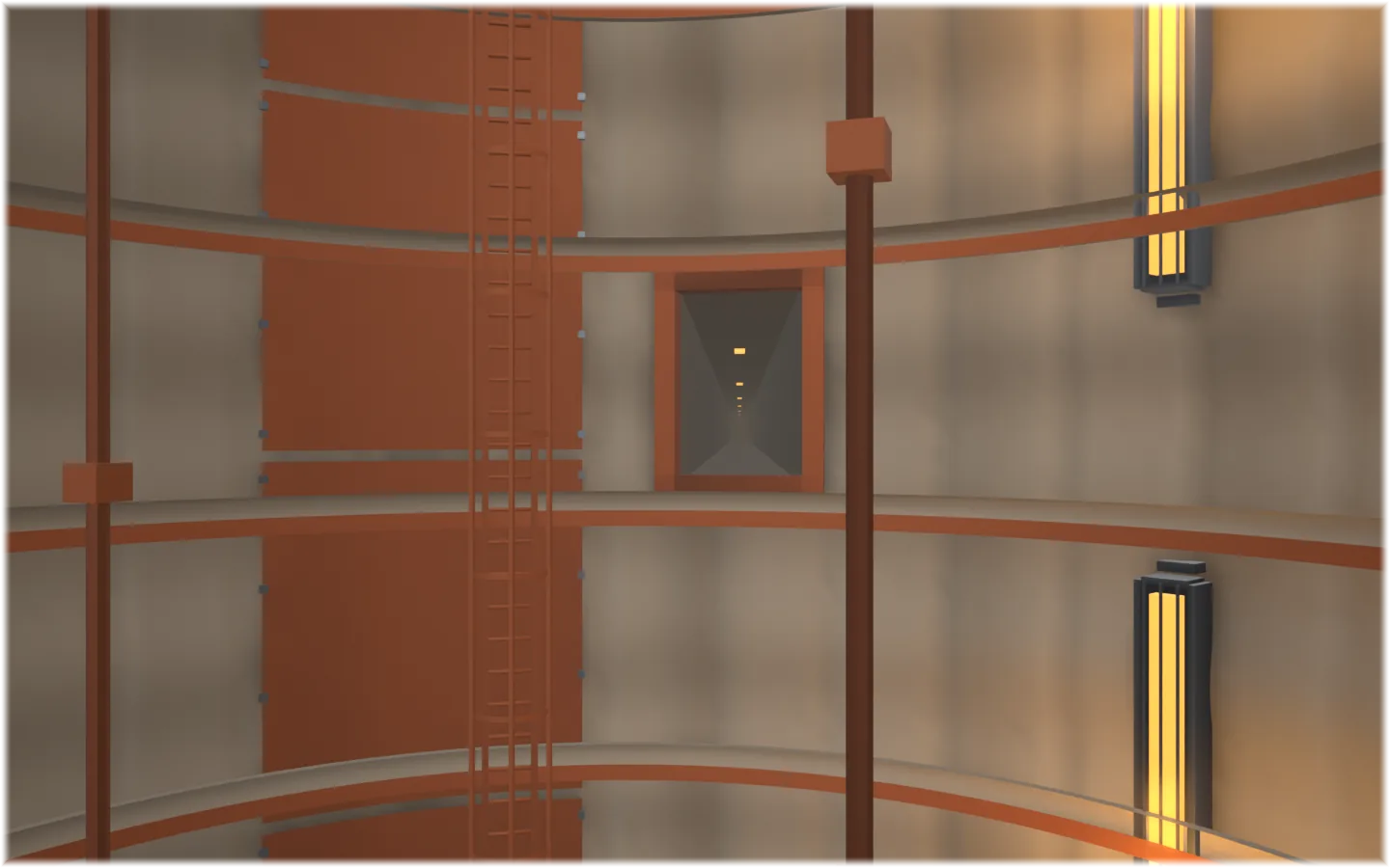 A ribbed concrete lift bore streaked with water and rust: a caged service ladder, brass conduit, guide rails with a counterweight, two guide ropes, two guarded warm strip lamps, and a doorway onto a passage that runs off into the haze.